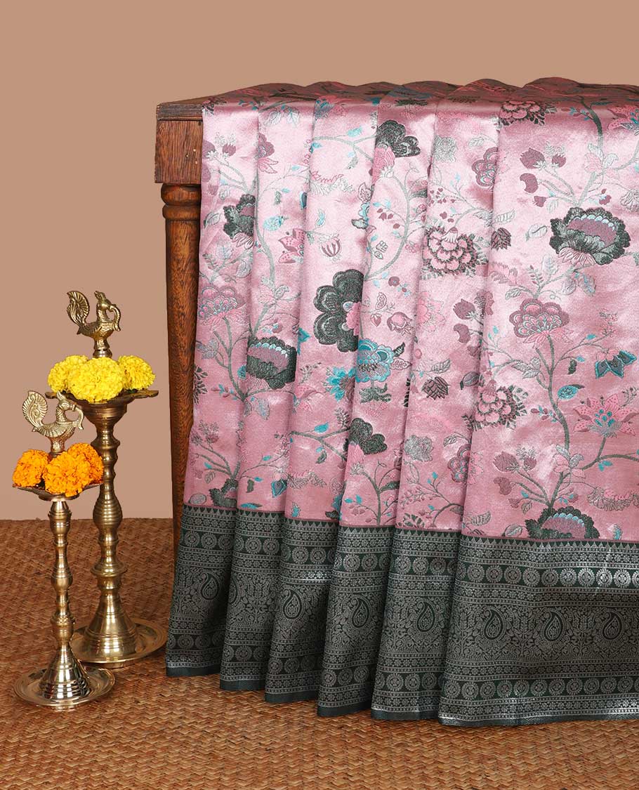 Light pink brocade jacquard design litchi tissue silk saree with contrast border & zari rich pallu along with zari butta design blouse