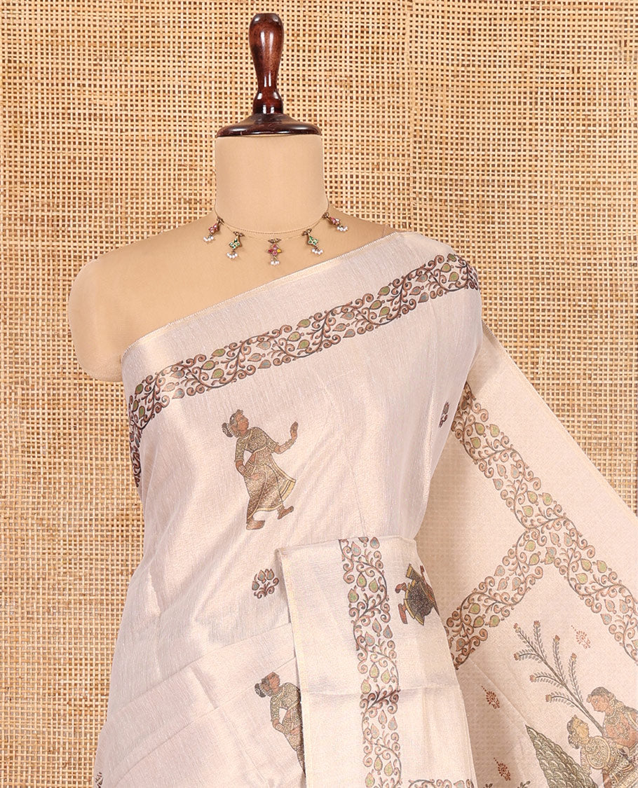 Gold Tissue Saree, Decked Up with Floral and Madhubani-Style Print, a Self-Border, Printed Pallu, and a Matching Blouse