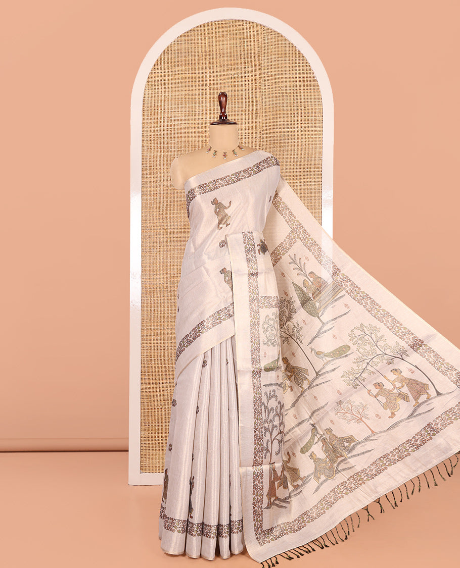 Gold Tissue Saree, Decked Up with Floral and Madhubani-Style Print, a Self-Border, Printed Pallu, and a Matching Blouse