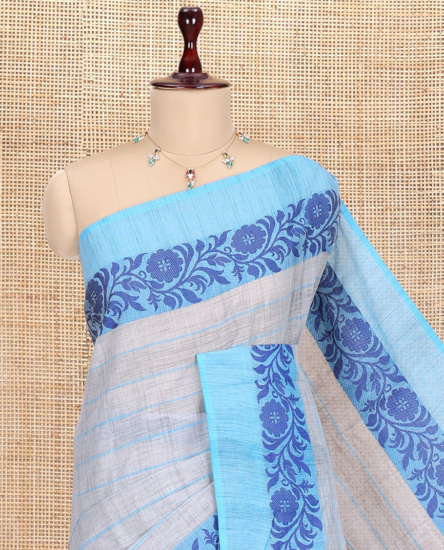 Grey Striped Handloom Mercerised Cotton Saree, Complemented by a Contrast Floral Creeper Border, and No Blouse