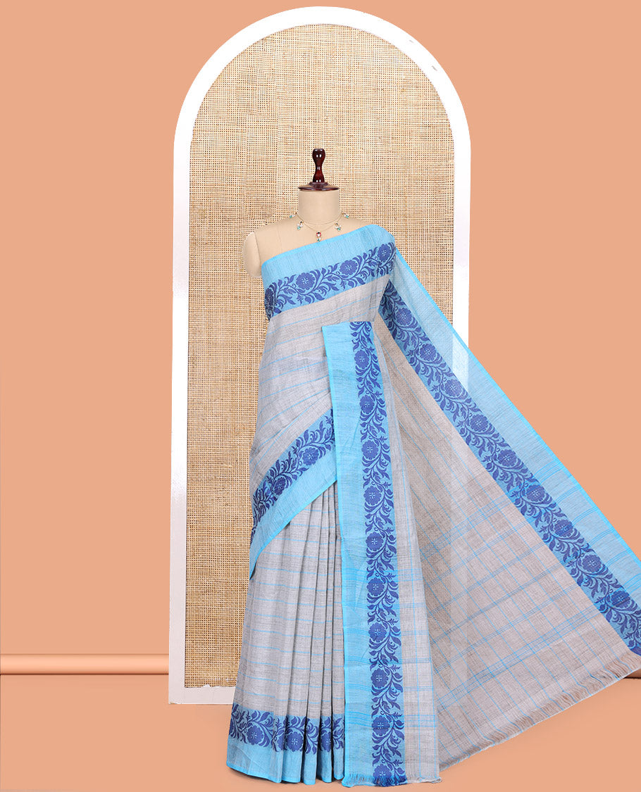 Grey Striped Handloom Mercerised Cotton Saree, Complemented by a Contrast Floral Creeper Border, and No Blouse