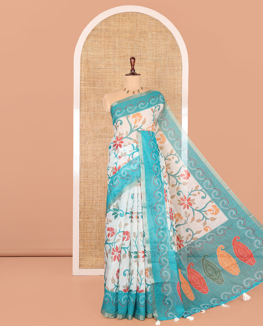Rama Linen Cotton Saree Features Floral Vine Print, a Contrast Border, Paisley-Printed Pallu, and a Contrast Blouse