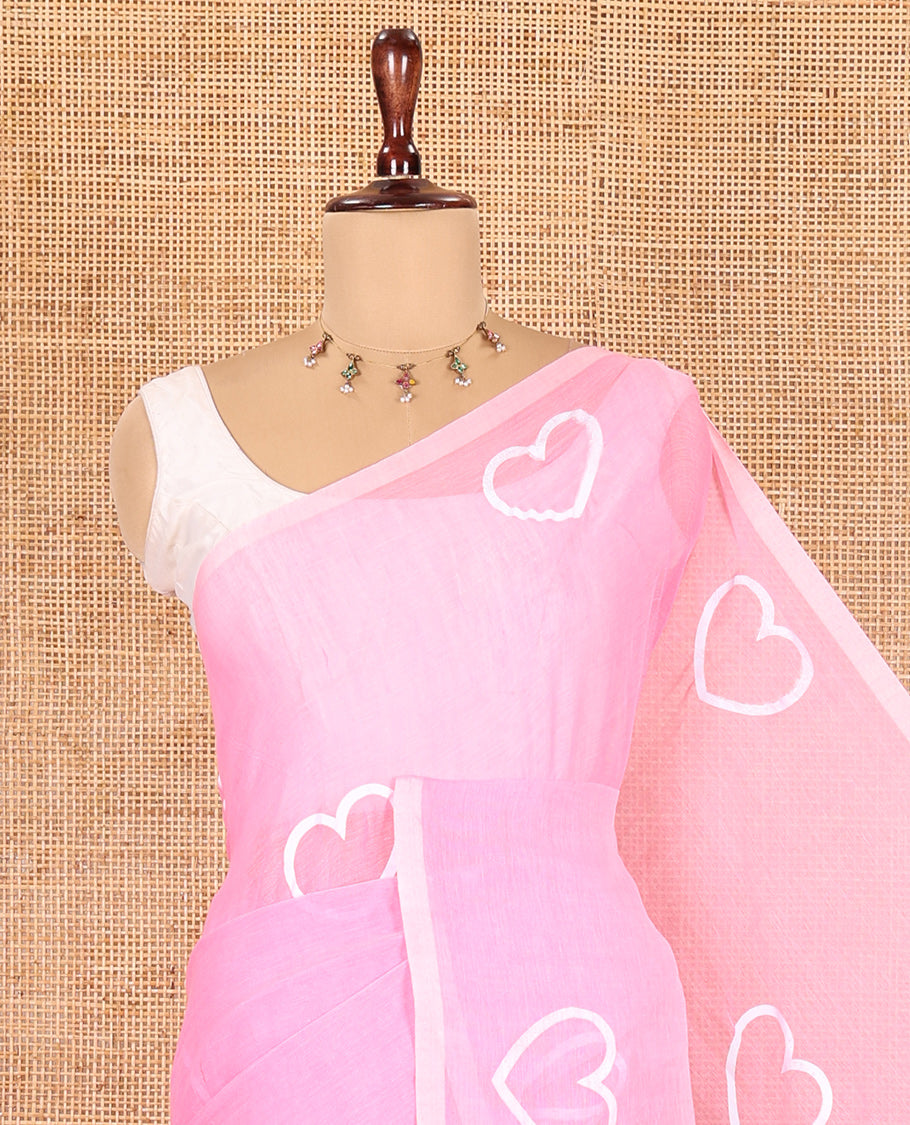 Borderless Pink Khadi Mul Cotton Saree, Steeped with Heart Motifs Print, and No Blouse