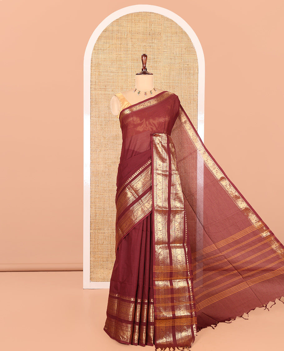 Maroon Plain Chettinad Cotton Saree, Highlighted by Rettai Pettu Peacock-Elephant Border, a Matching Blouse