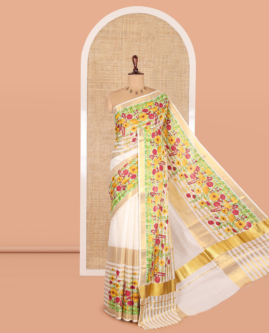 Cream Plain Kerala Cotton Saree, Highlighted by a Self-Border of Zari Stripes and Floral Print, a Matching Blouse