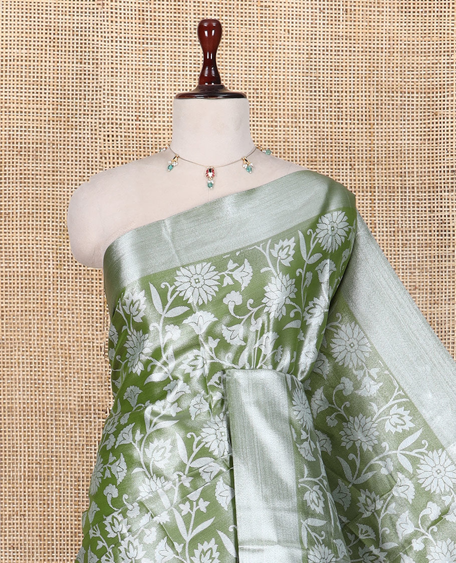 Olive Green Tissue Cotton Saree Features Floral Vine Design, a Zari Border, Contrast Intricate Pallu, and a Contrast Blouse