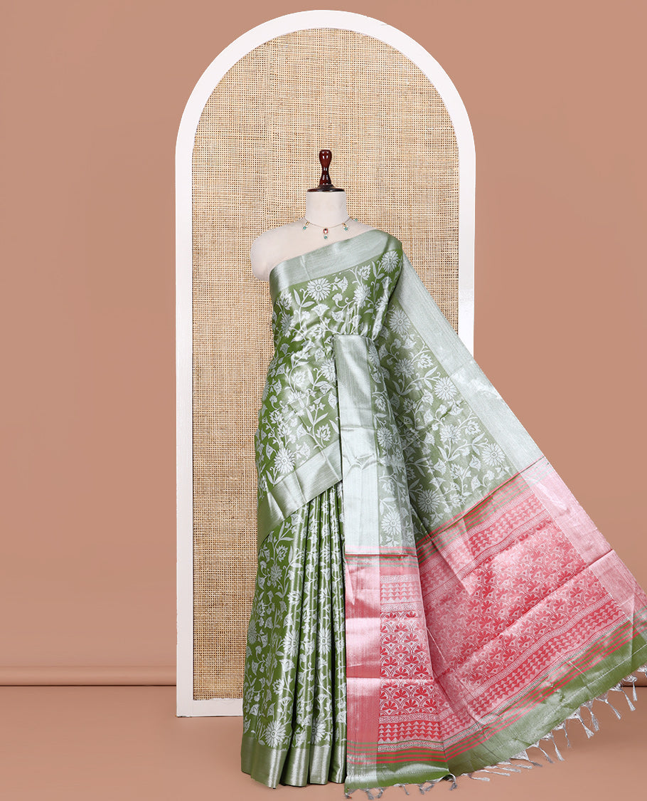 Olive Green Tissue Cotton Saree Features Floral Vine Design, a Zari Border, Contrast Intricate Pallu, and a Contrast Blouse