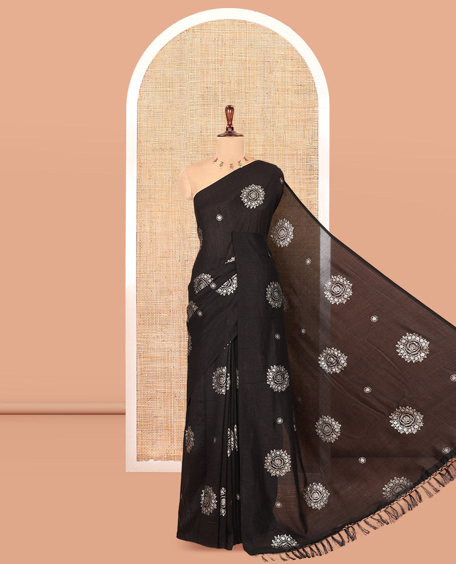Borderless Black Vichitra Silk Saree, Enriched with Circle Buttas, a Self-Pallu, and No Blouse