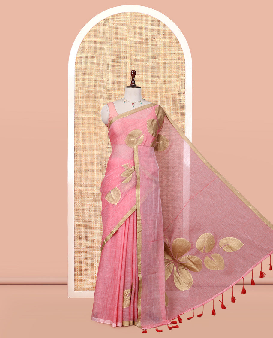 Peach Khadi Mul Cotton Saree Features Floral Motifs Glitter-Print, a Piping Border, and a Matching Blouse