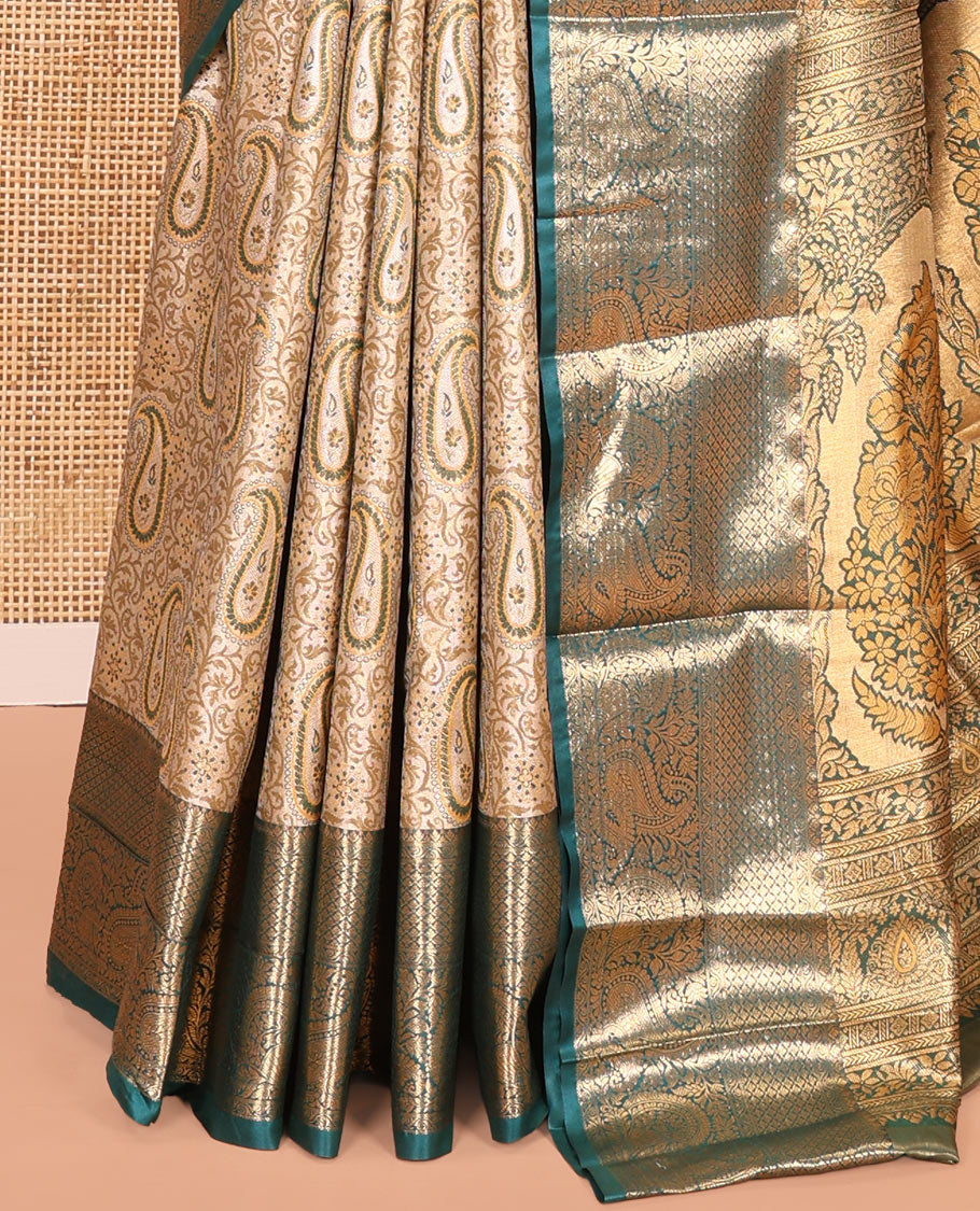 Gold Art Silk Saree, Ornamented with Floral-Paisley Jacquard Design, a Traditional Zari Border, Intricate Pallu, and a Matching Blouse