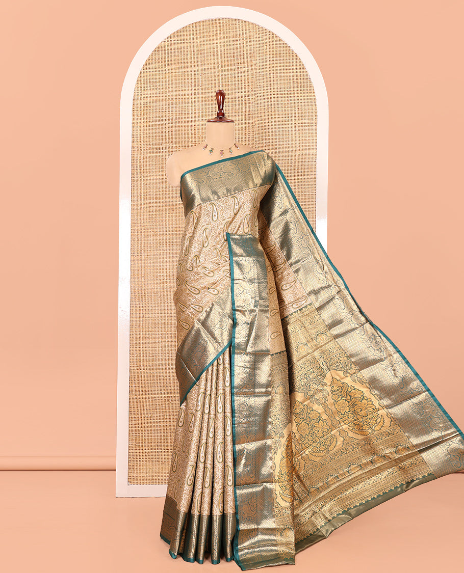 Gold Art Silk Saree, Ornamented with Floral-Paisley Jacquard Design, a Traditional Zari Border, Intricate Pallu, and a Matching Blouse