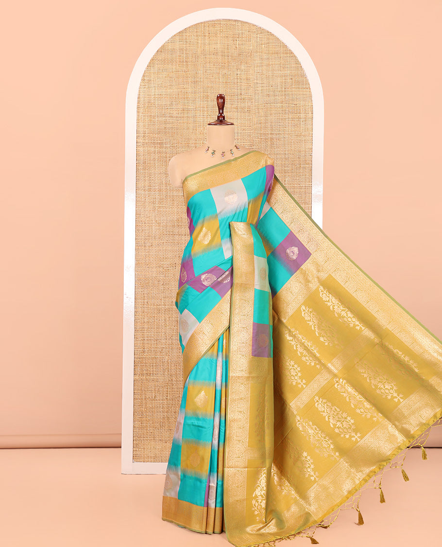 Mehendi Elite Soft Silk Saree, Elevated with Zari Buttas and Checks, a Contrast Traditional Border, Grand Pallu, and a Contrast Blouse