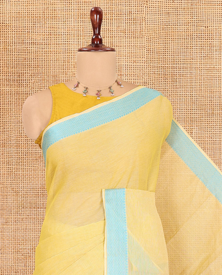 Yellow Striped Chettinad Cotton Saree, a Traditional Thread Border, and a Contrast Blouse