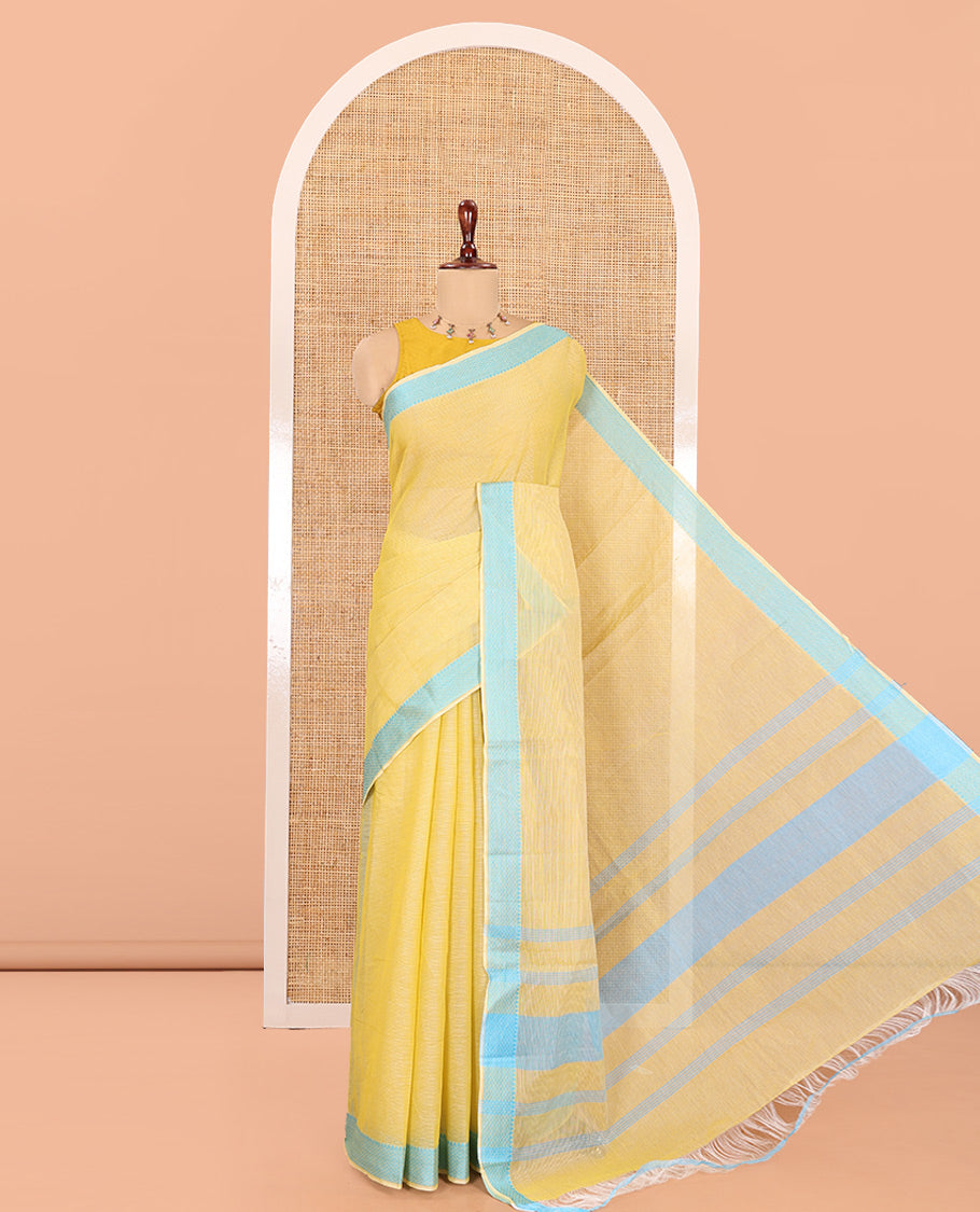 Yellow Striped Chettinad Cotton Saree, a Traditional Thread Border, and a Contrast Blouse