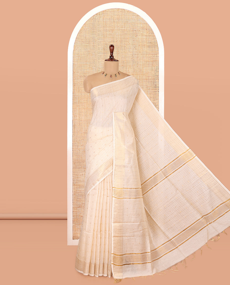 Cream Bhagalpur Cotton Saree, Steeped with Butta Enclosed Checks, a Zari Border, Self-Pallu, and a Matching Blouse