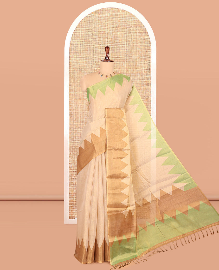 Gold-Green-Brown Plain Tissue Saree, Complemented by Contrast Ganga-Jamuna Temple Border, a Matching Blouse