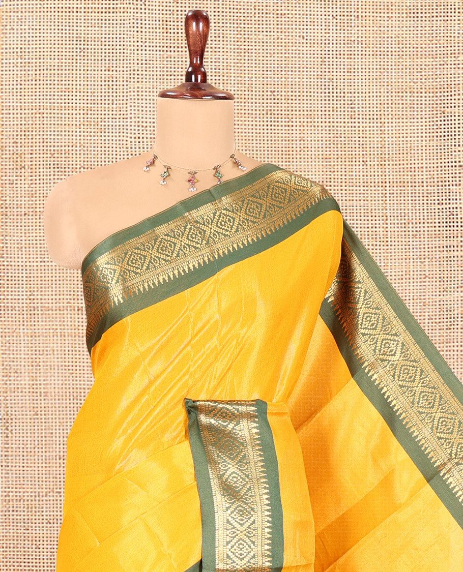 Yellow Plain Tissue Cotton Saree, Contrast Traditional Border, Striped Pallu, and Contrast Blouse