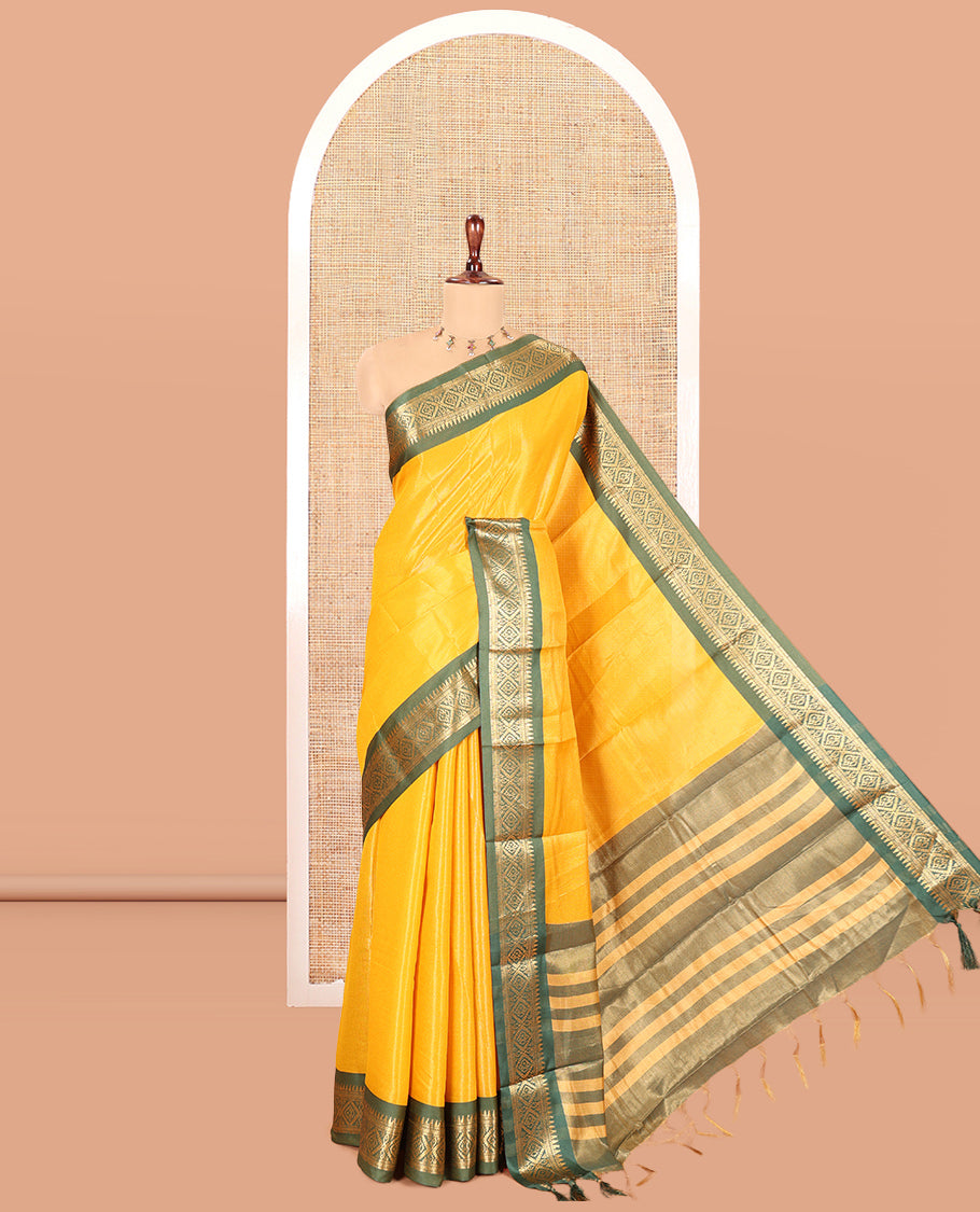 Yellow Plain Tissue Cotton Saree, Contrast Traditional Border, Striped Pallu, and Contrast Blouse