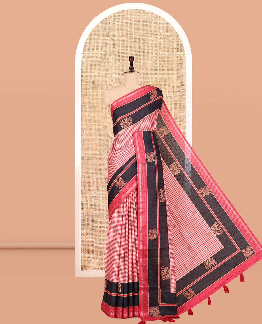 Pink Semi-Raw Silk Saree Features Buttas and Micro-Checks, Contrast Peacock-Elephant Border, Contrast Blouse