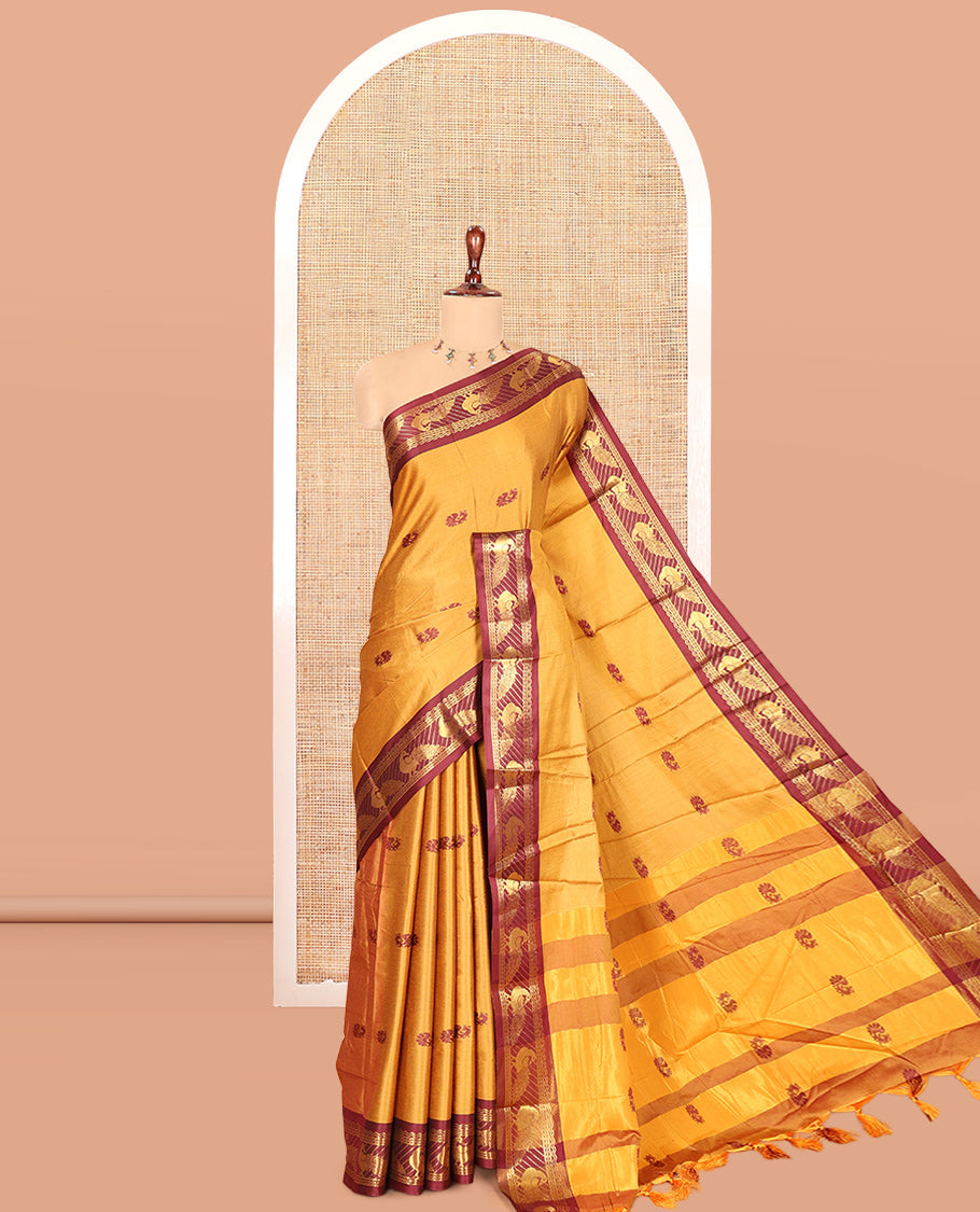 Mustard Peacock Buttas Semi-Soft Silk Saree, Contrast Peacock Border, Buttas Pallu, Matching Blouse