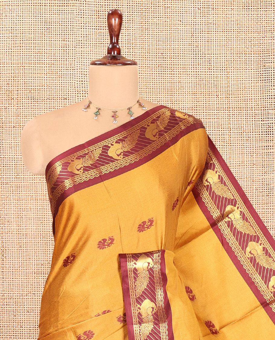 Mustard Peacock Buttas Semi-Soft Silk Saree, Contrast Peacock Border, Buttas Pallu, Matching Blouse