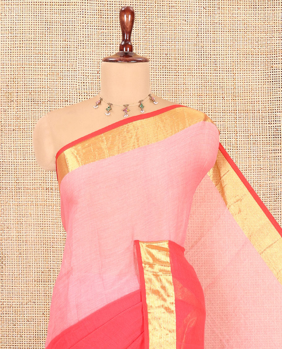 Light Pink-Pink Half-And-Half Plain Khadi Mul Cotton Saree, with a Zari Border, and No Blouse