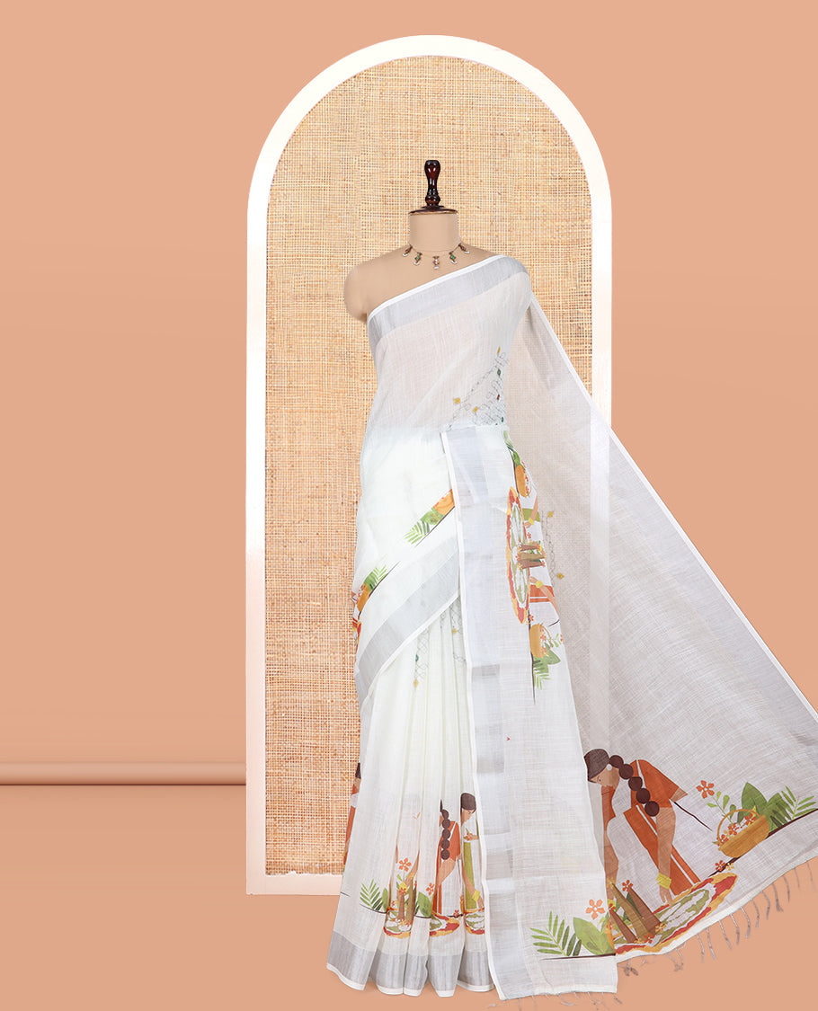 Cream Line Cotton Saree Features Women Celebration Onam Motif, a Zari Border, Matching Blouse