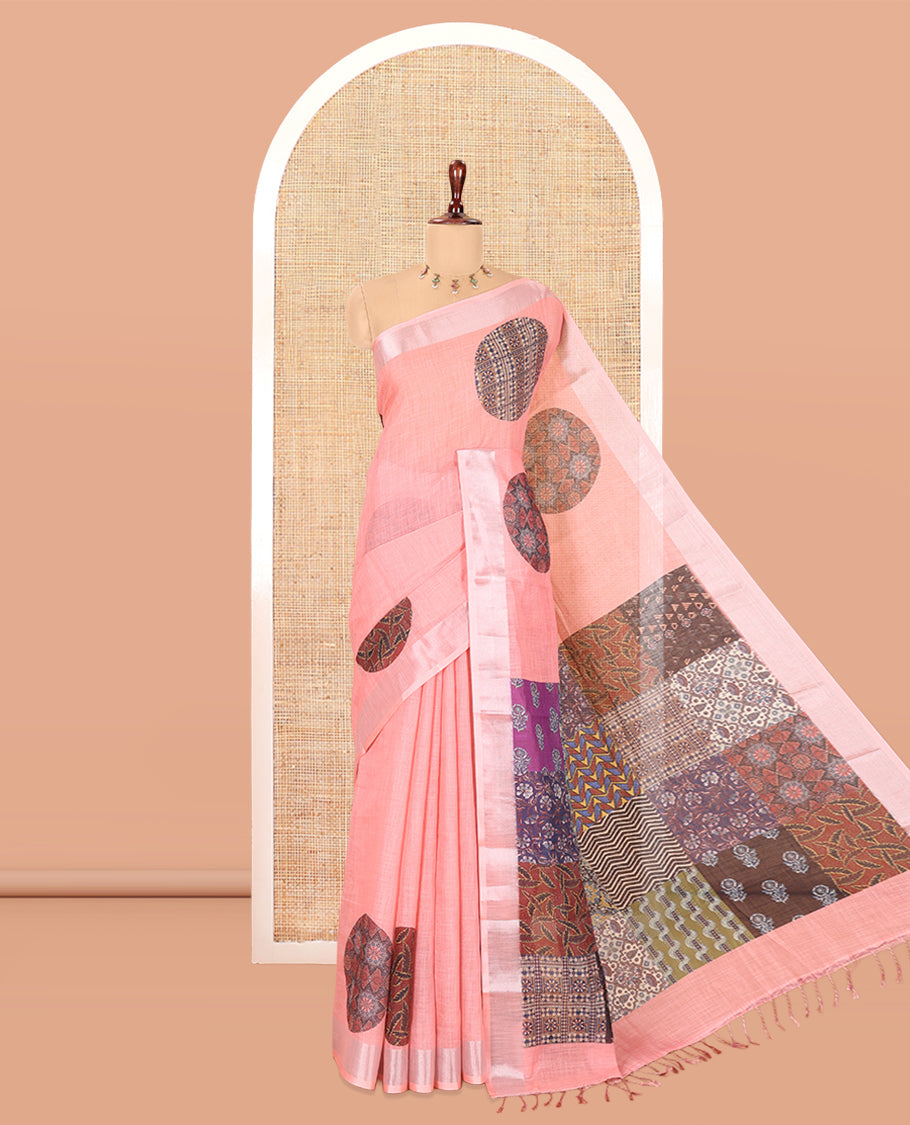Pink Linen Cotton Saree Features Ajrakh Geometric Print, a Zari Border, Printed Pallu, Contrast Blouse