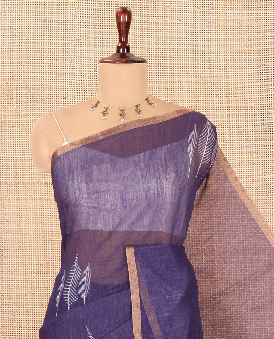 Violet Linen Cotton Saree Features Tree Print, a Zari Piping Border, and a Matching Blouse