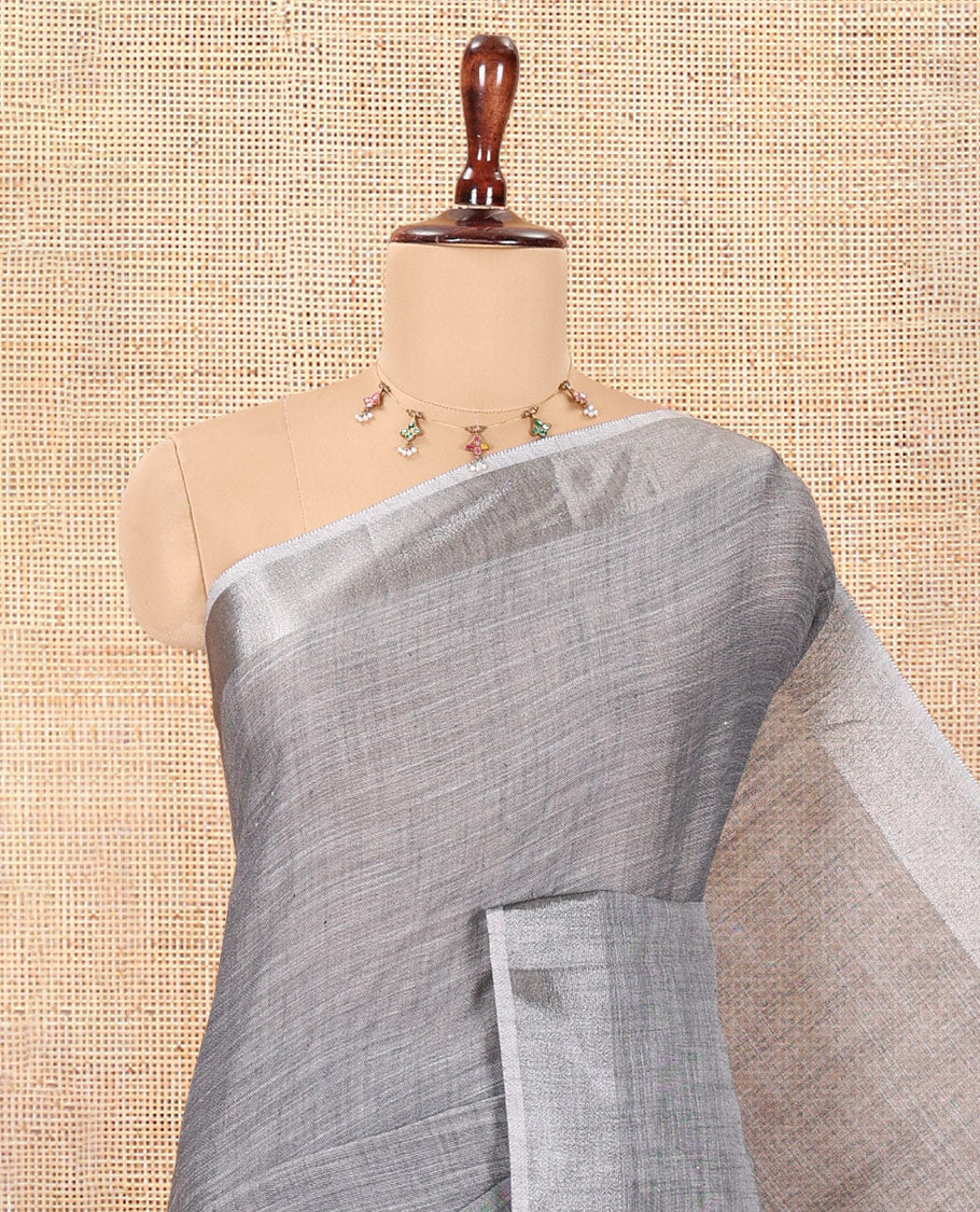 Grey Plain Linen-Cotton Saree, a Zari Border, Striped Pallu, and a Matching Blouse