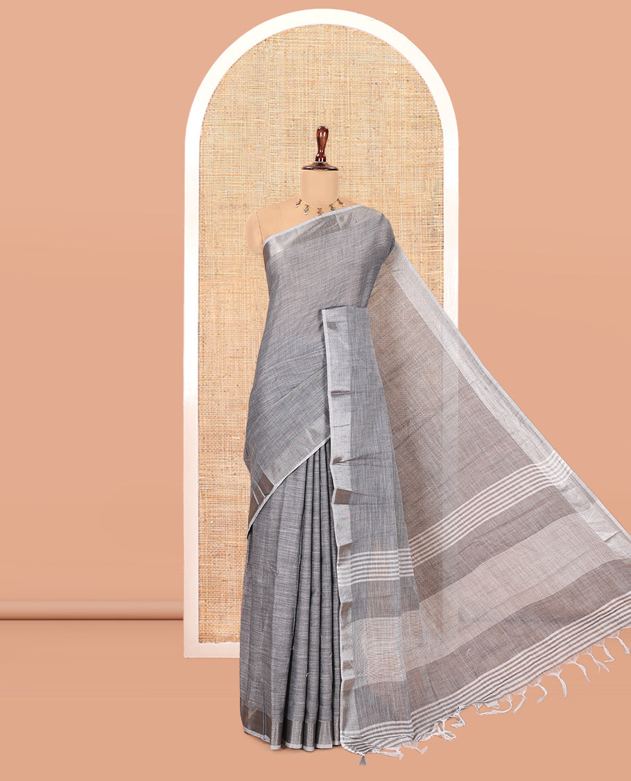 Grey Plain Linen-Cotton Saree, a Zari Border, Striped Pallu, and a Matching Blouse
