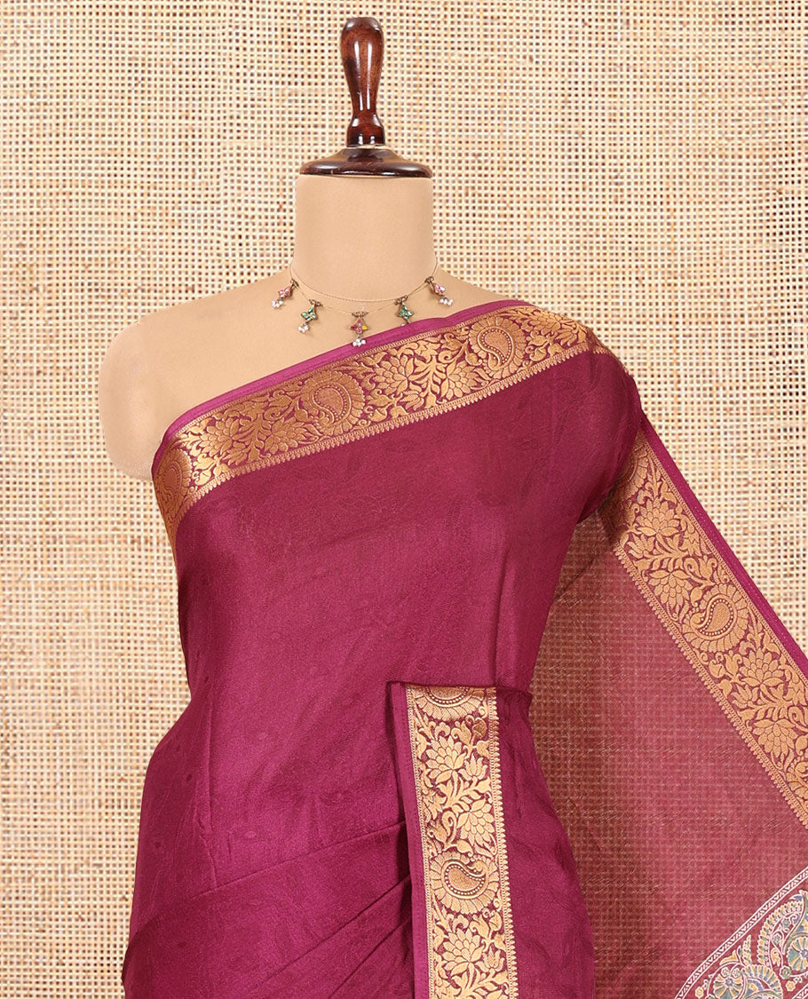 Purple Embossed Moss Chiffon Saree, a Zari Floral-Paisley Vine Border, Contrast Mughal-Style Pallu, and a Matching Blouse