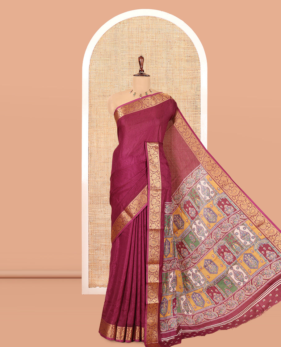 Purple Embossed Moss Chiffon Saree, a Zari Floral-Paisley Vine Border, Contrast Mughal-Style Pallu, and a Matching Blouse