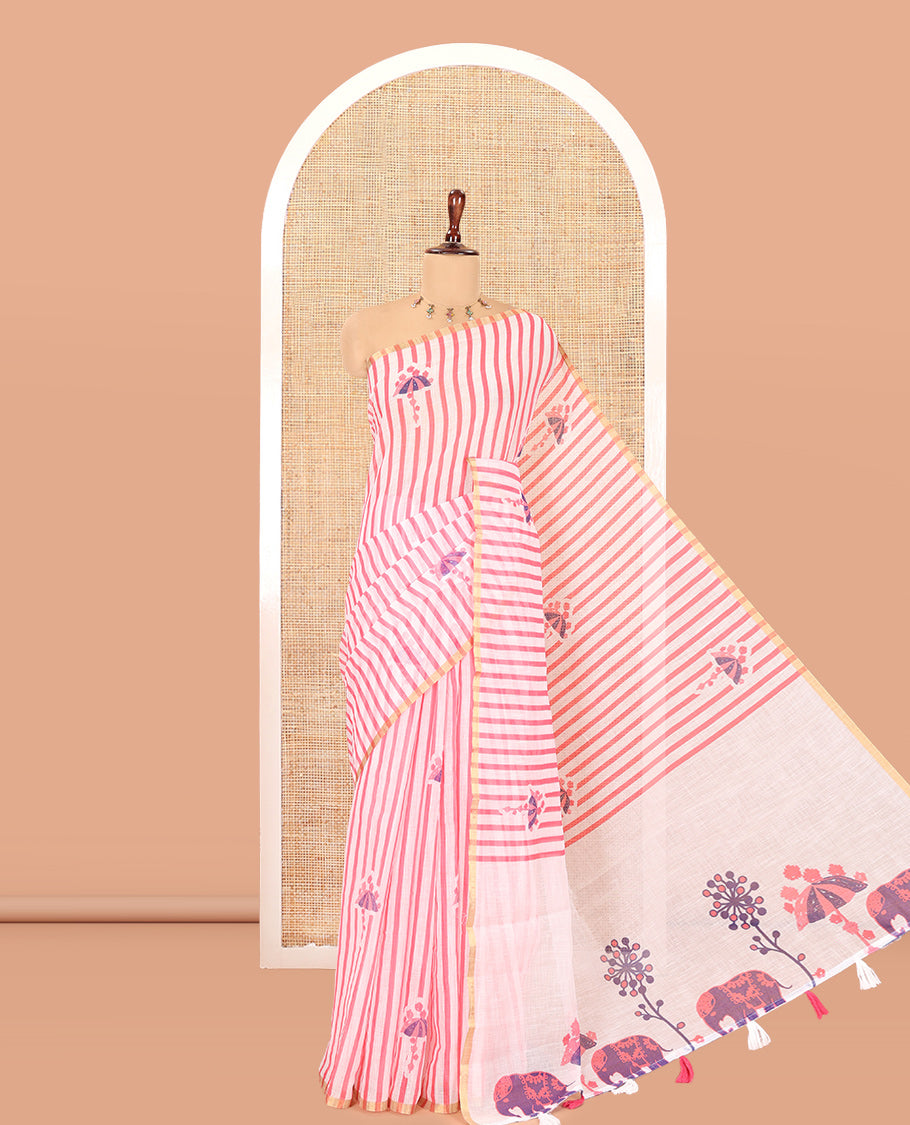 Borderless White-Pink Linen Cotton Saree, Beautified with Vertical Stripes, an Umbrella Print, and a Matching Blouse
