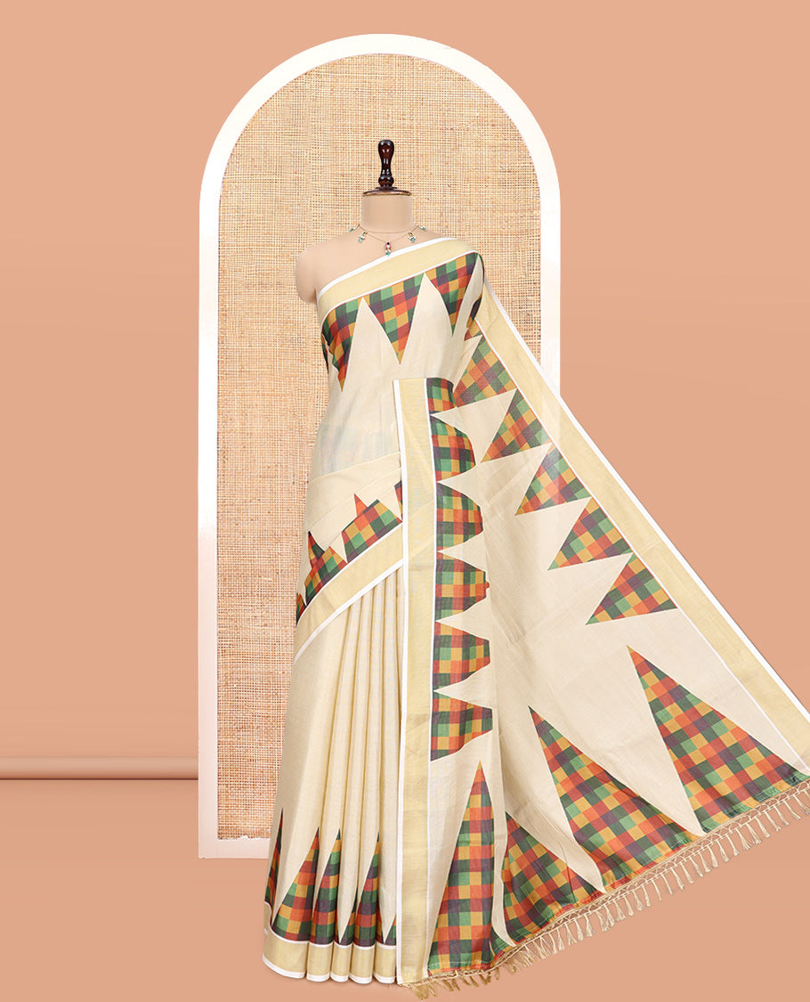 Gold Plain Tissue Saree, Complemented by a Contrast Temple Checked Border, and a Contrast Blouse