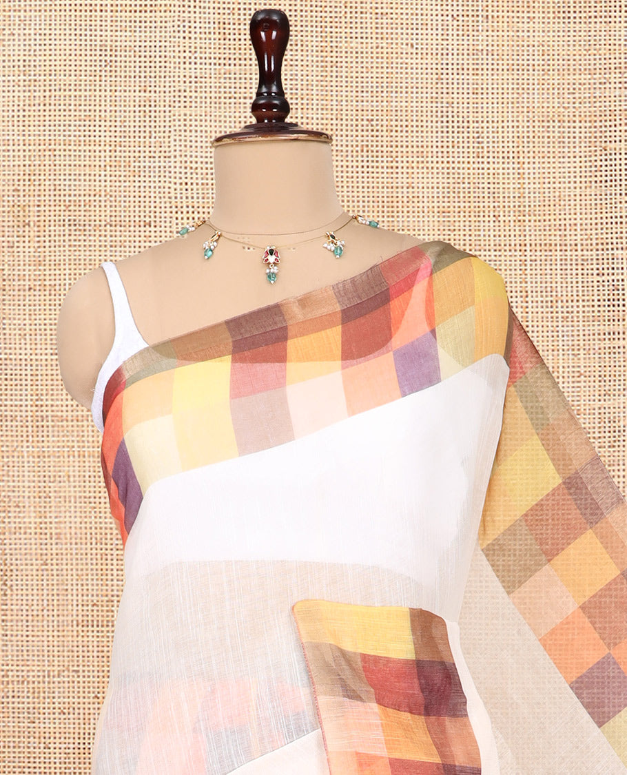 Cream-Yellow Plain Handloom Cotton Saree, a Contrast Checked Border, Checked Pallu, and a Contrast Blouse