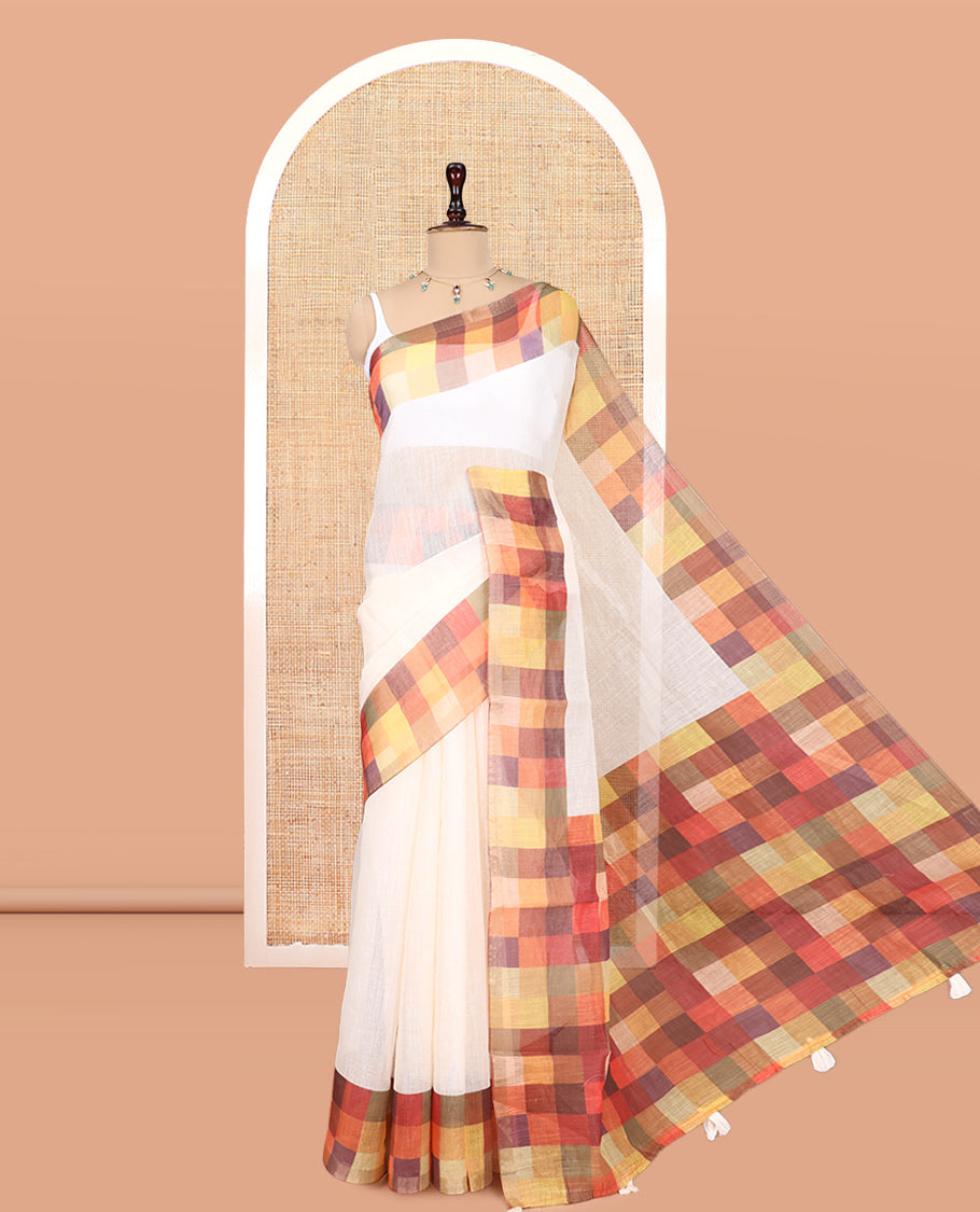 Cream-Yellow Plain Handloom Cotton Saree, a Contrast Checked Border, Checked Pallu, and a Contrast Blouse