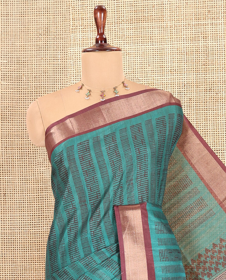 Green Art Tussar Saree, Accentuated with Geometric Patterns, a Contrast Zari Border, a Geometric Pallu, and a Contrast Blouse