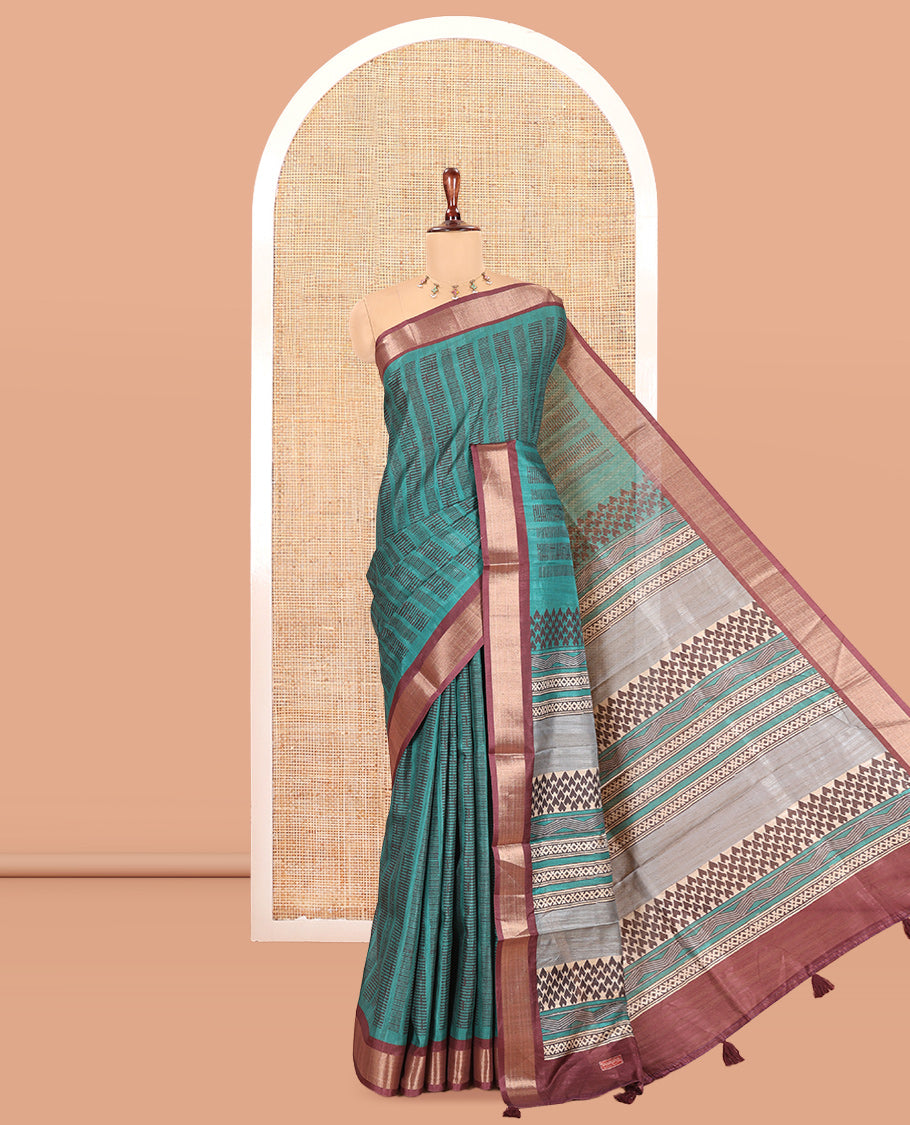 Green Art Tussar Saree, Accentuated with Geometric Patterns, a Contrast Zari Border, a Geometric Pallu, and a Contrast Blouse