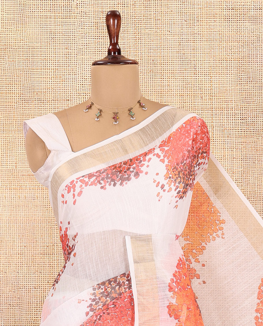 White Linen Cotton Saree with Floral Print, a Gold Zari Border, a Matching Blouse