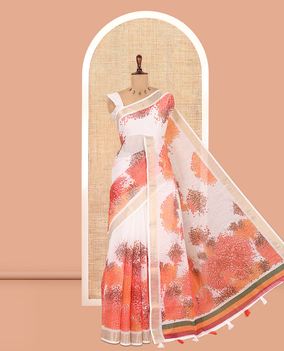White Linen Cotton Saree with Floral Print, a Gold Zari Border, a Matching Blouse