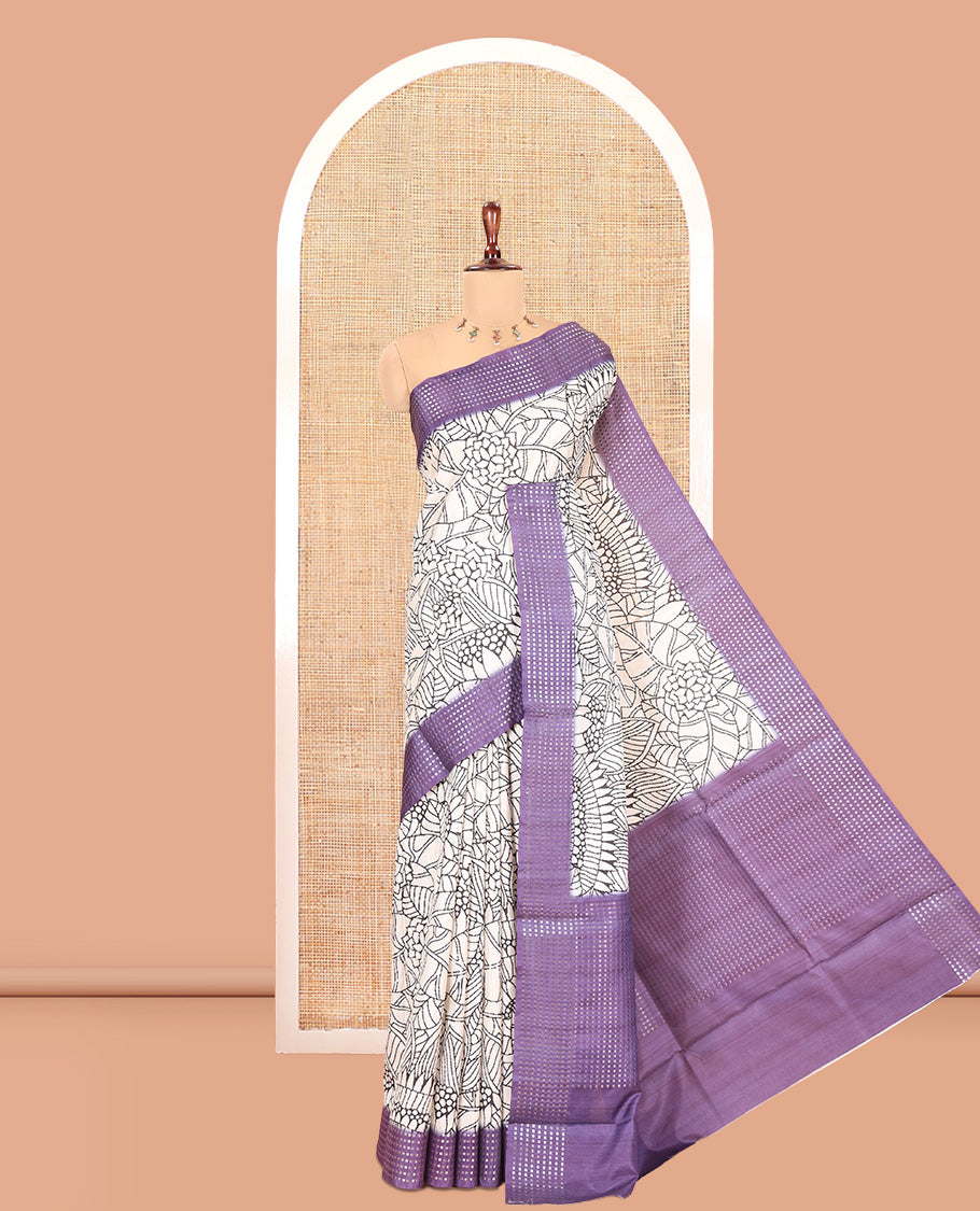 Cream-Violet Dola Silk Saree, Adorned with Floral Print, a Contrast Checked Border, Pallu of Buttas, and a Contrast Blouse
