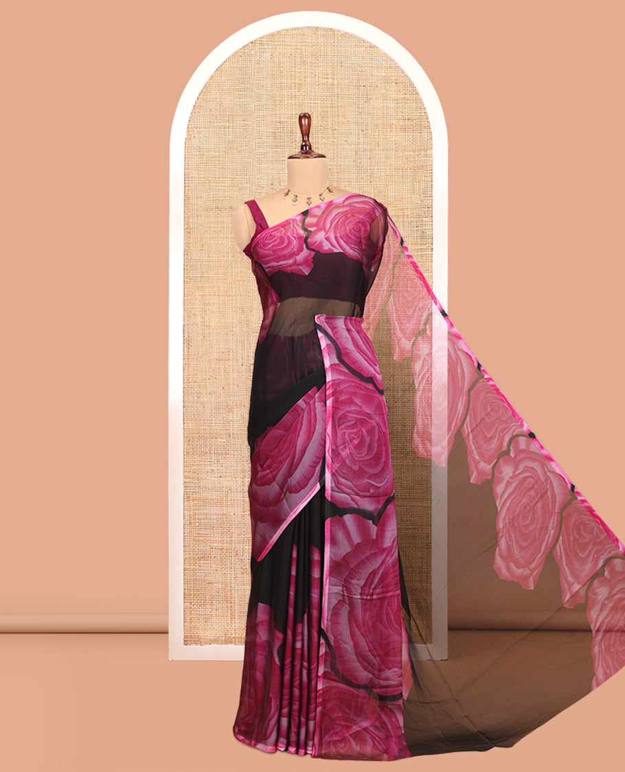 Black-Pink Plain Rangoli Chiffon Saree