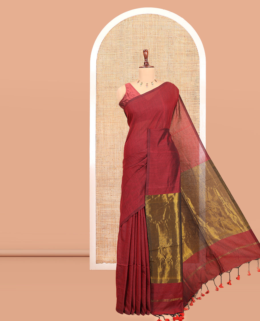 Borderless Maroon Plain Khadi Cotton Saree
