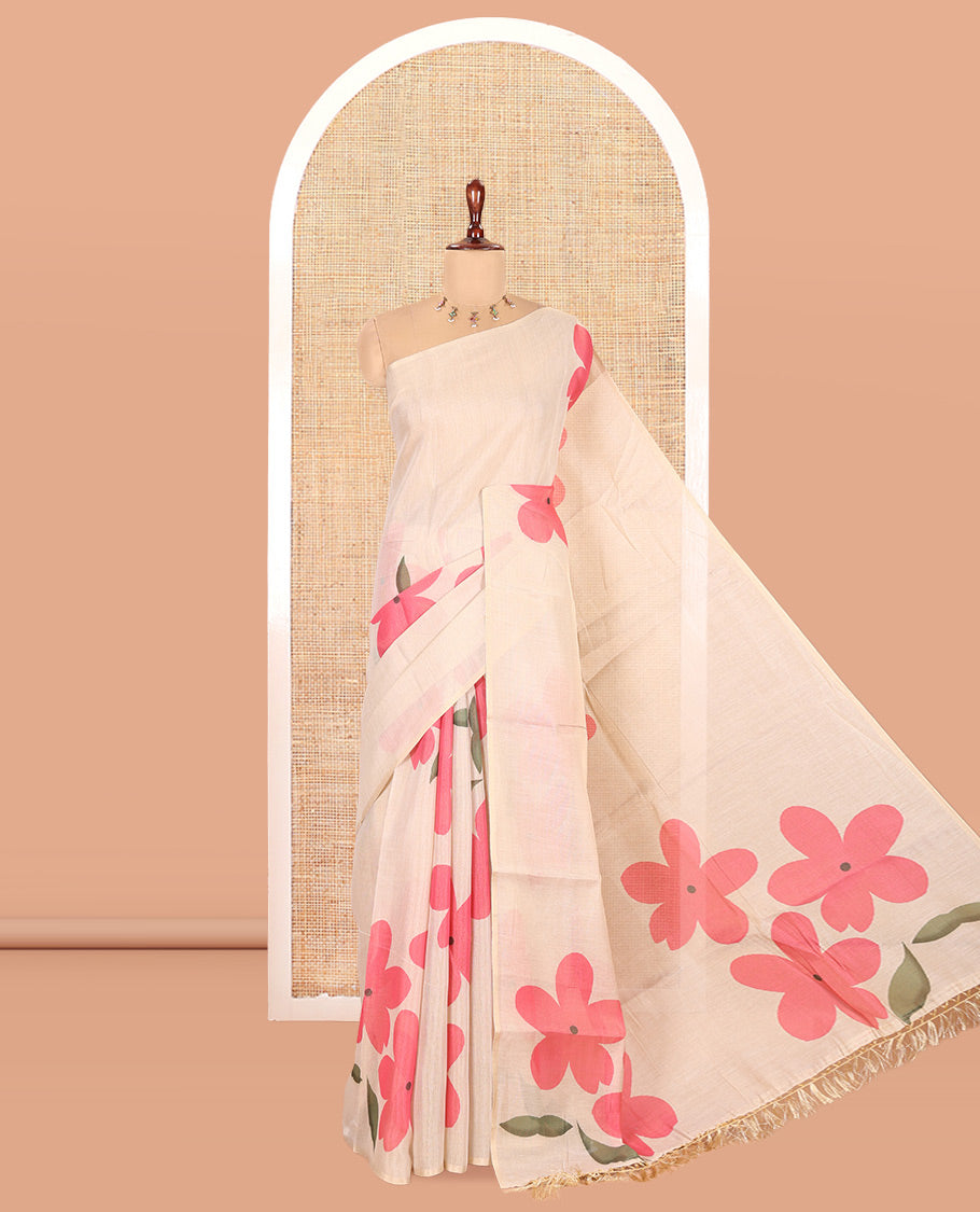 Borderless Cream-Pink Tissue Cotton Saree