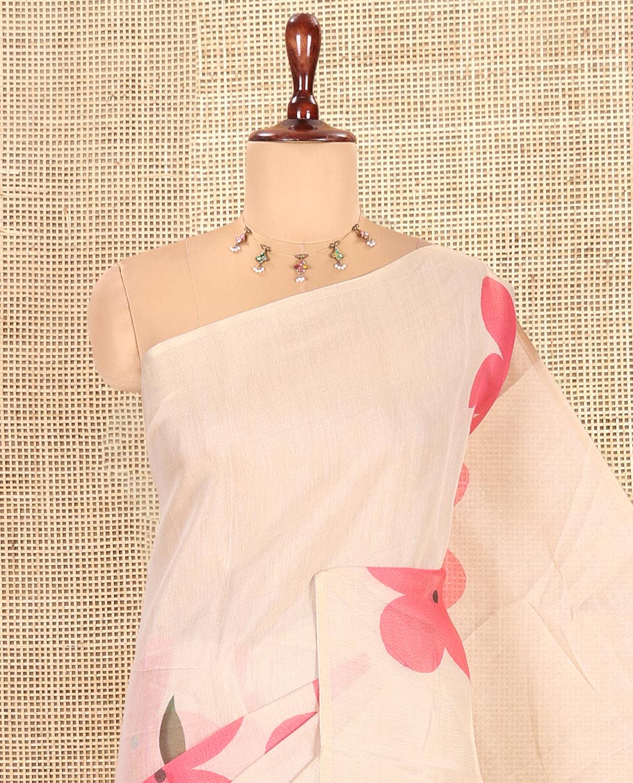Borderless Cream-Pink Tissue Cotton Saree