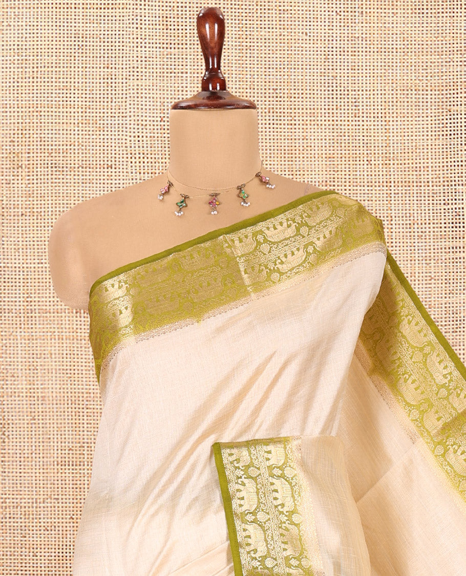 Cream-Mehendi Plain Art Tussar Saree