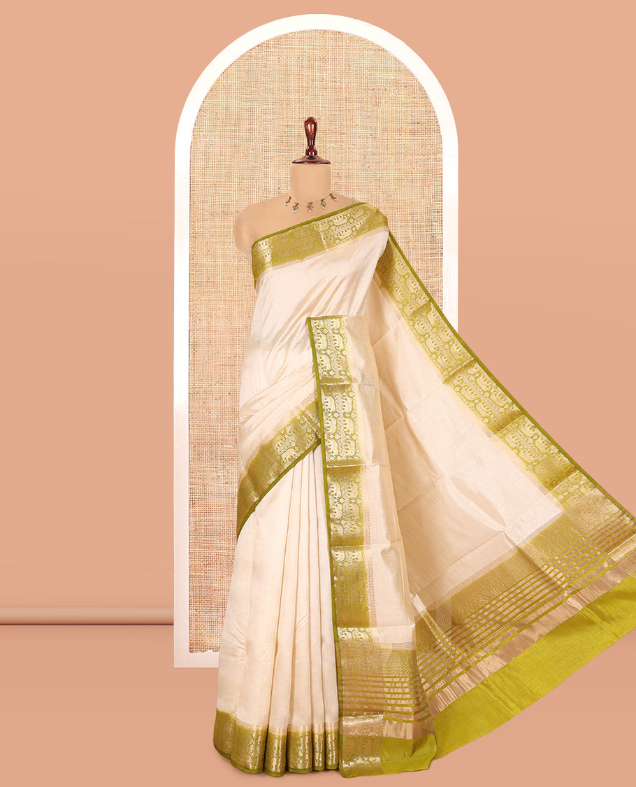 Cream-Mehendi Plain Art Tussar Saree