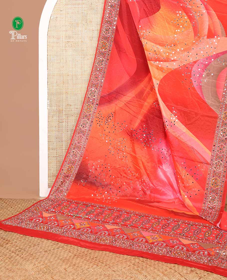 Orange geometric design, mirror work synon silk saree with printed border, mirror work & printed pallu along with plain blouse
