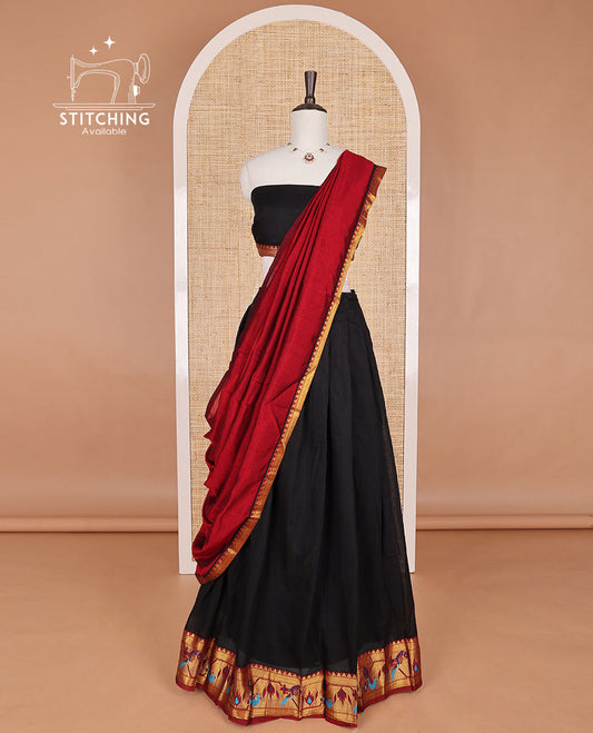 Black mercerised cotton birds design border half saree with cotton blouse & georgette one side zari border
